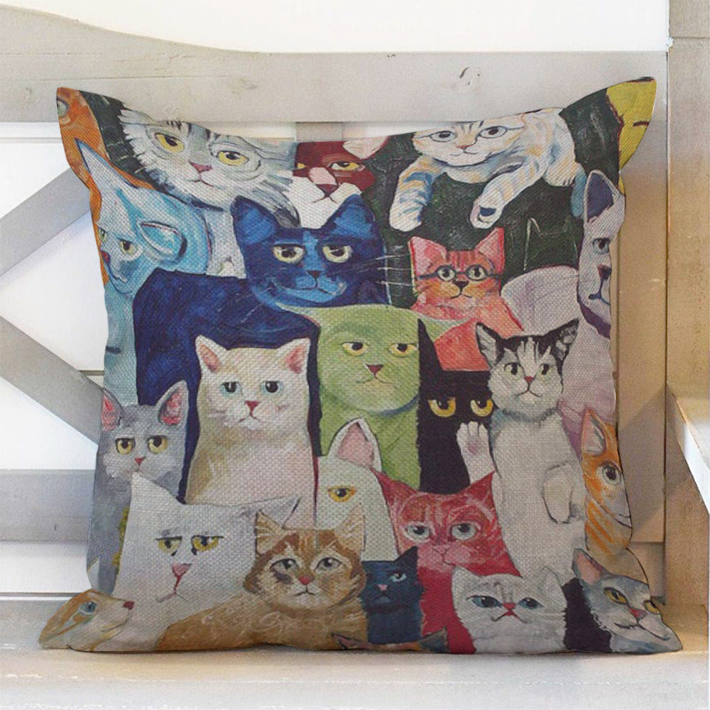 Cartoon Colorful Cute Cats – Throw Pillow Cover – Adorable Kitten Animal – Painting Pillow Case – Square Cushion Cotton – Decorative For Couch Bed Home – Furlidays