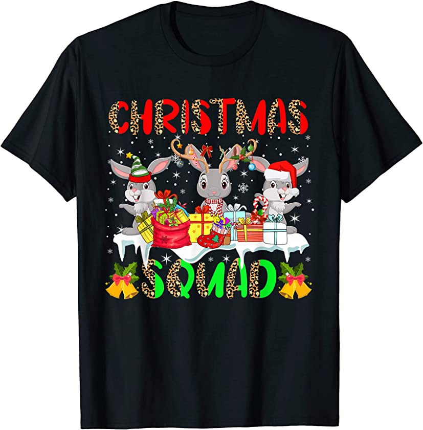 Christmas Squad Leopard Three Santa Reindeer Elf Rabbits T-Shirt