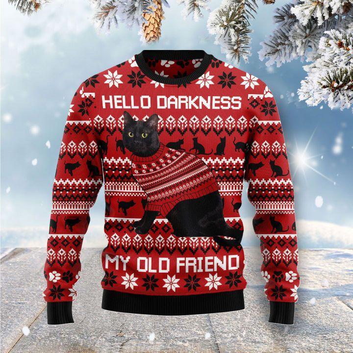 Black Cat Hello Darkness My Old Friend Ugly Christmas Sweater | Unisex | Adult | Us1541