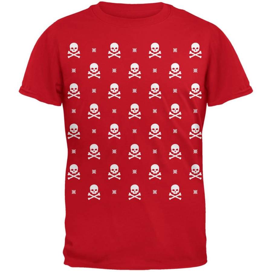 Skull And Crossbones Snowy Ugly Christmas Sweater Red Adult T-Shirt