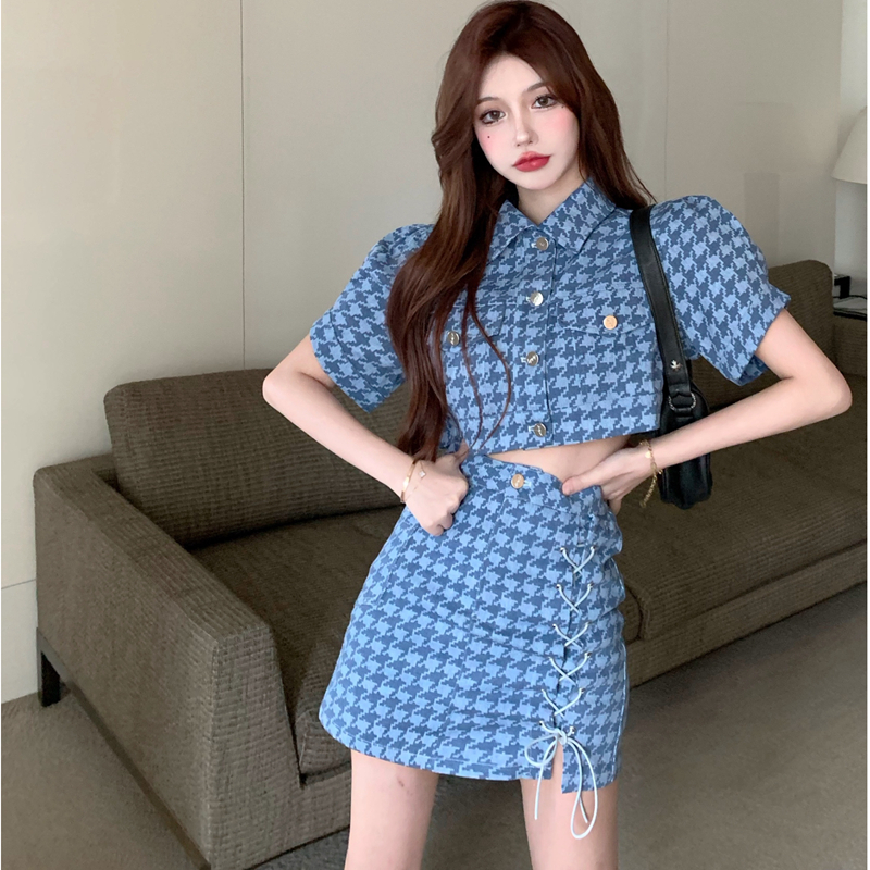 Vintage Hong Kong Style Houndstooth Two Piece Set Short Cardigan Crop Tops + Cross Lace-up Bodycon Skirts Summer New alx