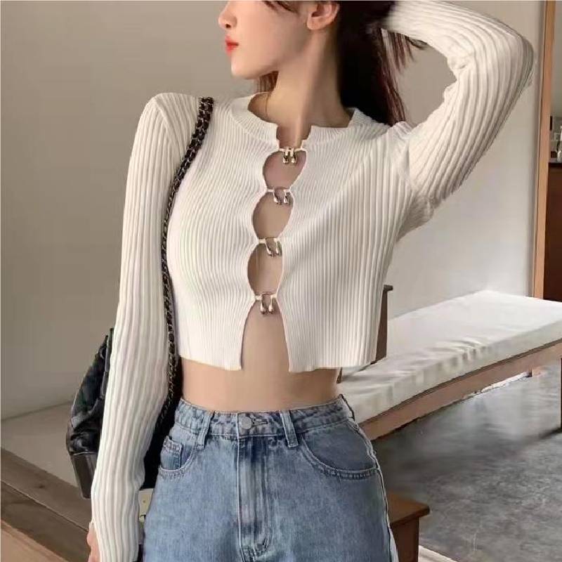 Women Vintage Long Sleeve Crop Top Sweater Cardigan Korean Style Sexy Fashion Hollow Out O Neck Slim T Shirt 2022 Autumn Winter alx