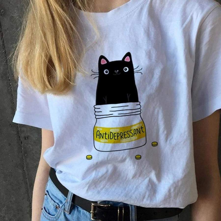 Unisex Round Collar Loose Cat Printed Fur Antidepressant White T-Shirt