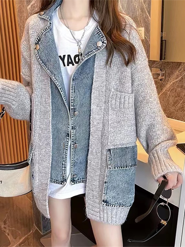 Cardigan Sweater Women Thick Fake Denim Coat Female Turn-Down Collar Outerwear Lady Patchwork Pockets Knitwear pull femme luxe alx