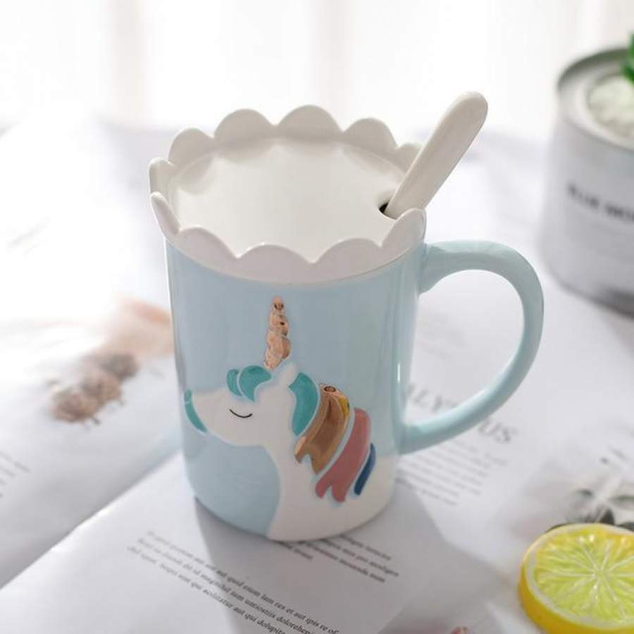 3D Unicorn Coffee Mug with Spoon and Crown Lid Drinking Tea Cup Gift