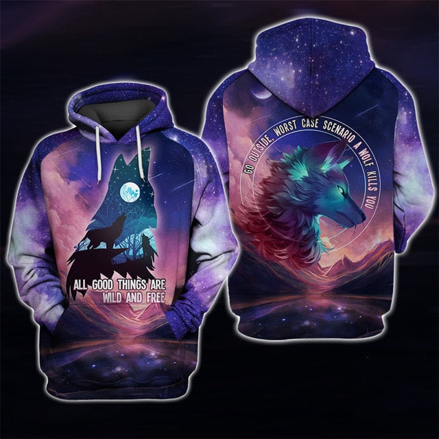 3D Wolf Moon Camping Hoodie