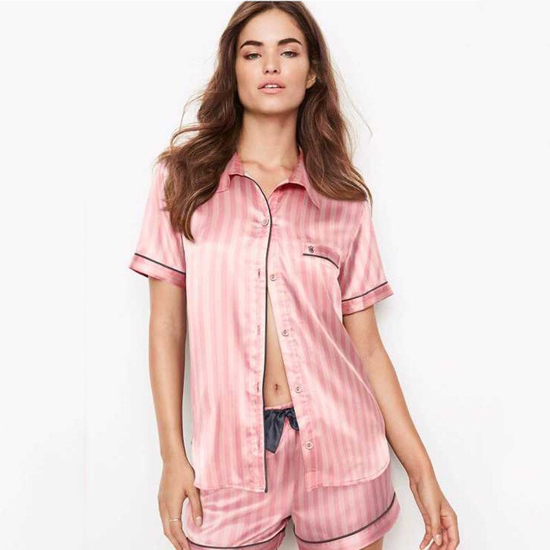 Women Satin Silk Stripes Sleepwear Summer Pajamas Short Pink Loungewear Pjamas Ladies Home Suit Homewear Silk Pajamas alx