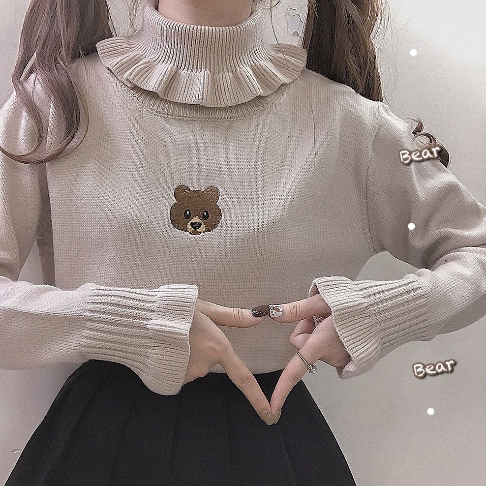 Cute Japanese Little Bear Embroidery Turtleneck Knitted Wear Female Tops Soft Sister Mori Girl Sweet Cute Autumn Women Sweater alx