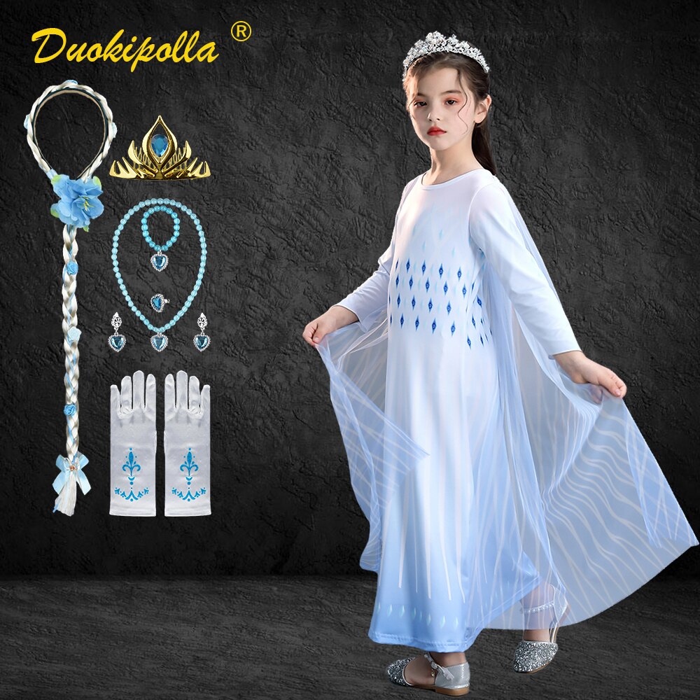 Snow Queen 2 New Summer Girls Elsa Dress Up Children White Long Sleeve Princess Dress with Long Tail Halloween Carnival Costume alx