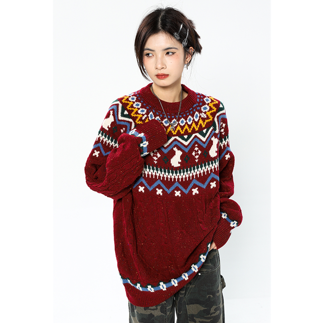 Women Red Sweater Round Neck Christmas Fashion Vintage Leisure Lazy Wind Loose Winter New Female Thicken Warm Knitting Pullover alx