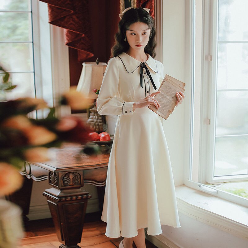 Vintage Solid Long Sleeve Bow Peter Pan Collar Woman Dress for Women Clothing Autumn 2022 New Preppy Style Midi Dresses Evening alx