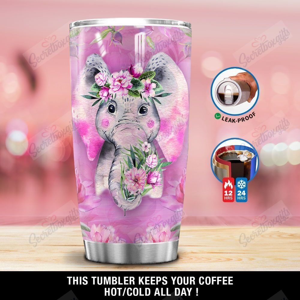 Personalized Pink Elephant Flower Gs-Nt1603Lb Stainless Steel Tumbler Travel Customize Name, Text, Number, Image