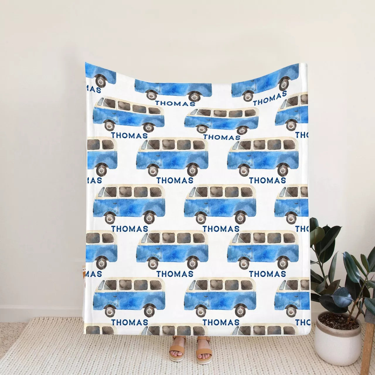 Personalized Small Baby Car Blanket School Bus Kids Fleece Sherpa Blanket Newborn Baby Cute Gift