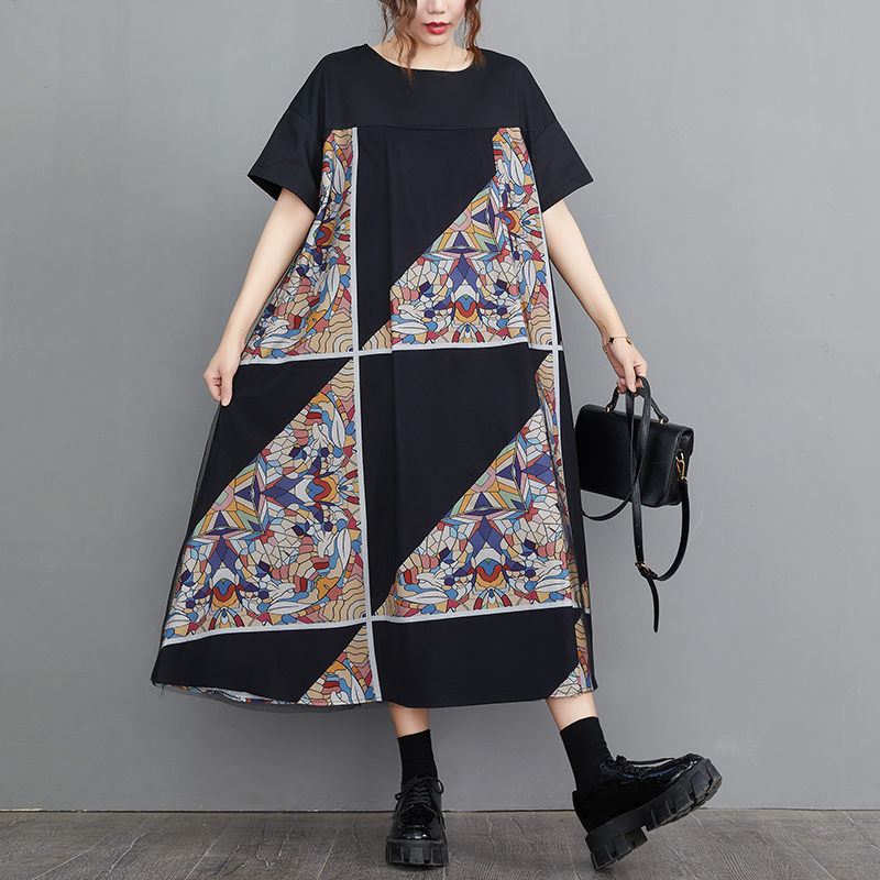 2022 New Arrival Geometric Print Patchwork Mesh Dark Black Street Fashion Summer Dress Office Lady Work Dress Women Casual Dress alx