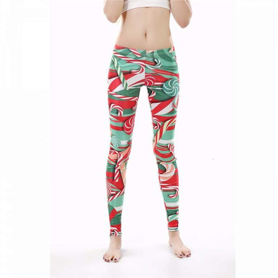 Christmas Candy Canes & Lollipops Women’s Green & Red Slim High Waisted Elastic Printed Fitness Workout Leggings