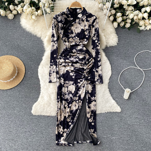 Bugilaku Flower Printed Vintage Dress Women Stand Collar Long Sleeve Folds Slim Fit Bodycon Dresses Elegant Split Robe Femme alx