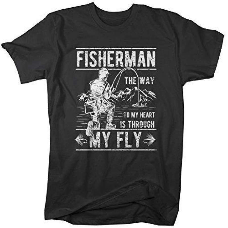 Men’s Funny Fishing T-Shirt Way to Heart Through Fly Vintage Shirt