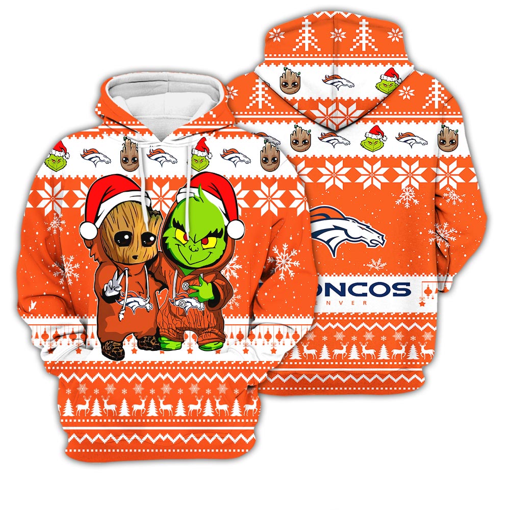 Denver Broncos Baby Groot And Grinch Best Friends Football American Ugly Christmas Sweater New Trends For Fans Club Gifts Unisex 3D Hoodie