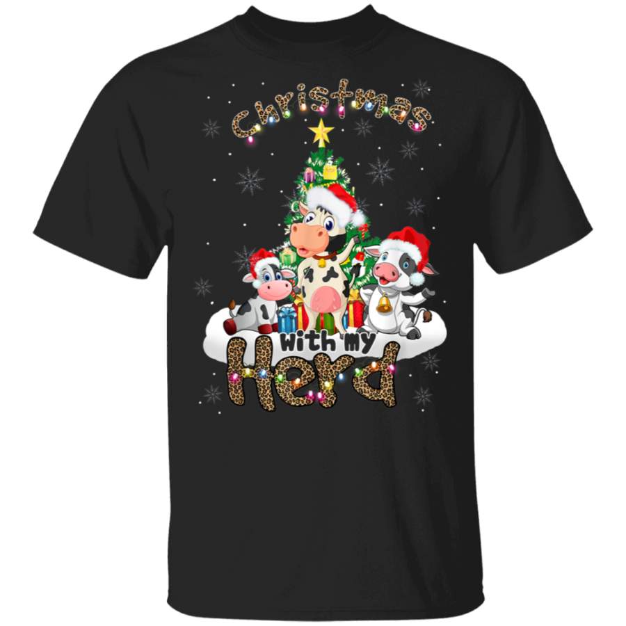 Christmas With My Herd Cow Cattle Farmer Funny Leopard Gift Shirt G500 Gildan 5.3 oz. T-Shirt