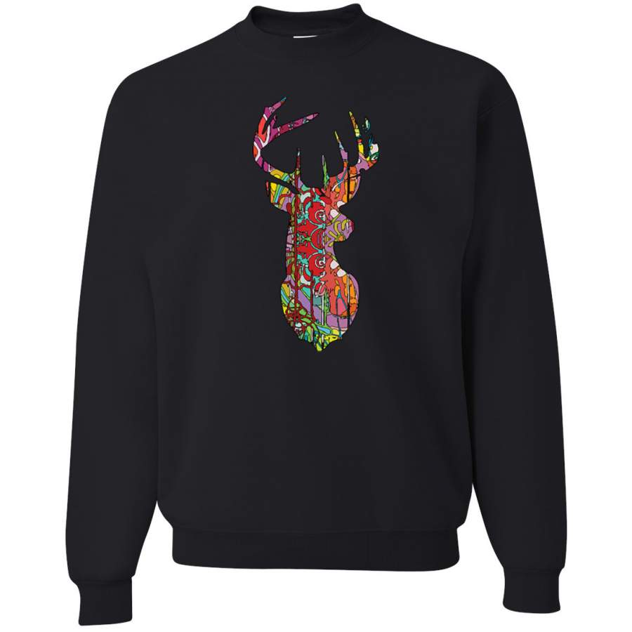 Trippy Colorful Buck Head Rainbow Hunting Deer Mosaic Animal Lover Crewneck Graphic Sweatshirt