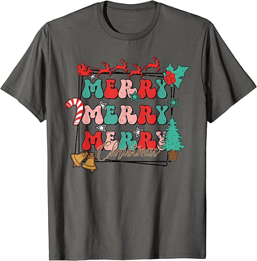 Retro Merry Christmas Santa Reindeer Candy Cane Xmas Tree T-Shirt