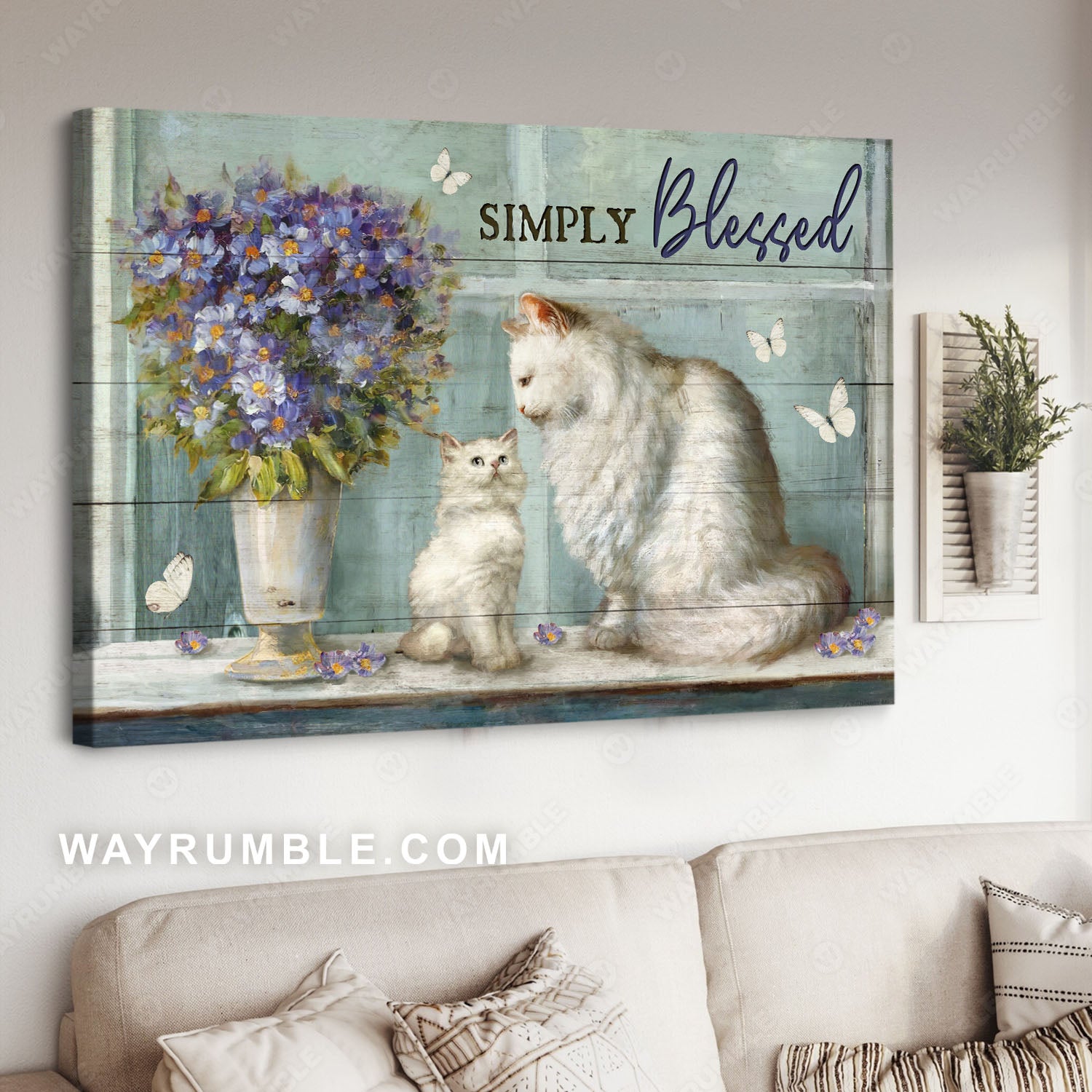 White Kitten, Mom Cat, Blue Daisy, Simply Blessed – Jesus Landscape Canvas Prints, Christian Wall Art