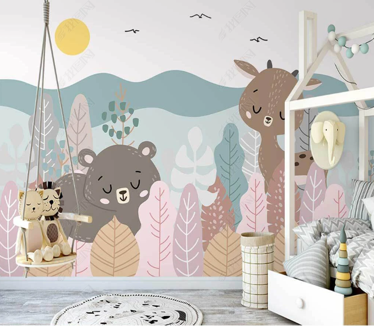 3D Cartoon Mountain Forest Animal Wall Mural Wallpaper Lqh 364