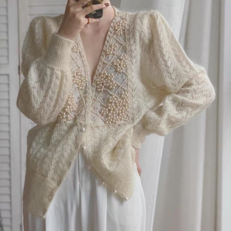 Y2K Beaded Knit Cardigan Women’s V-neck Elegant Autumn and Winter Knit Top Soft Loose Women’s Coat Mohair Sweater Beautiful 2021 alx