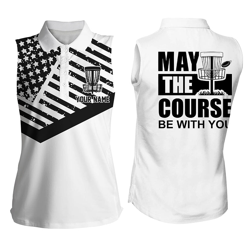 American Flag Women Sleeveless Polo Shirt Custom May The Course Be With You Disc Golf Shirts For Women