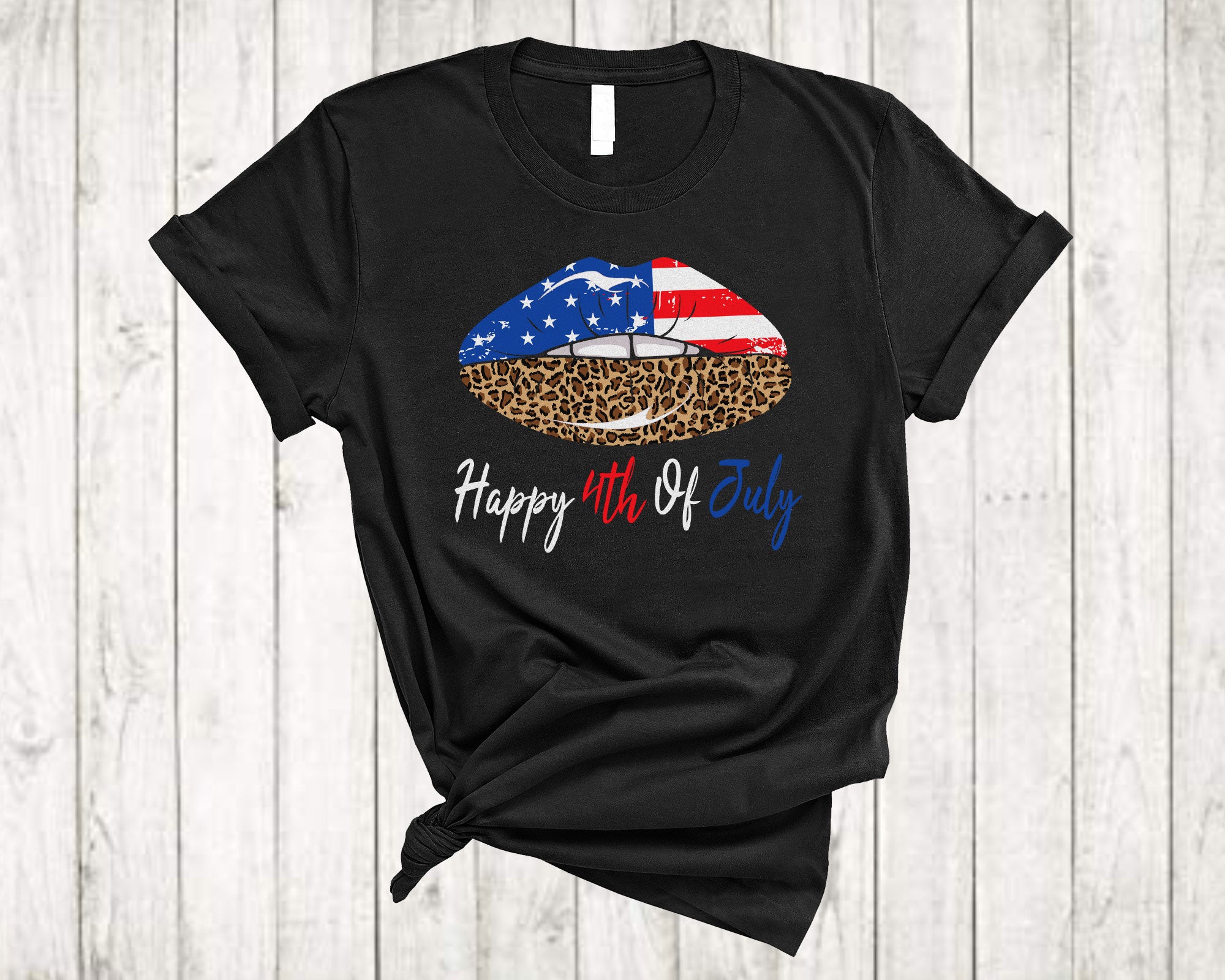 4Th Of July Lips Shirt Happy 4Th Of July Cool American Flag Lips Leopard Cheetah Kisses Patriotic T-Shirt