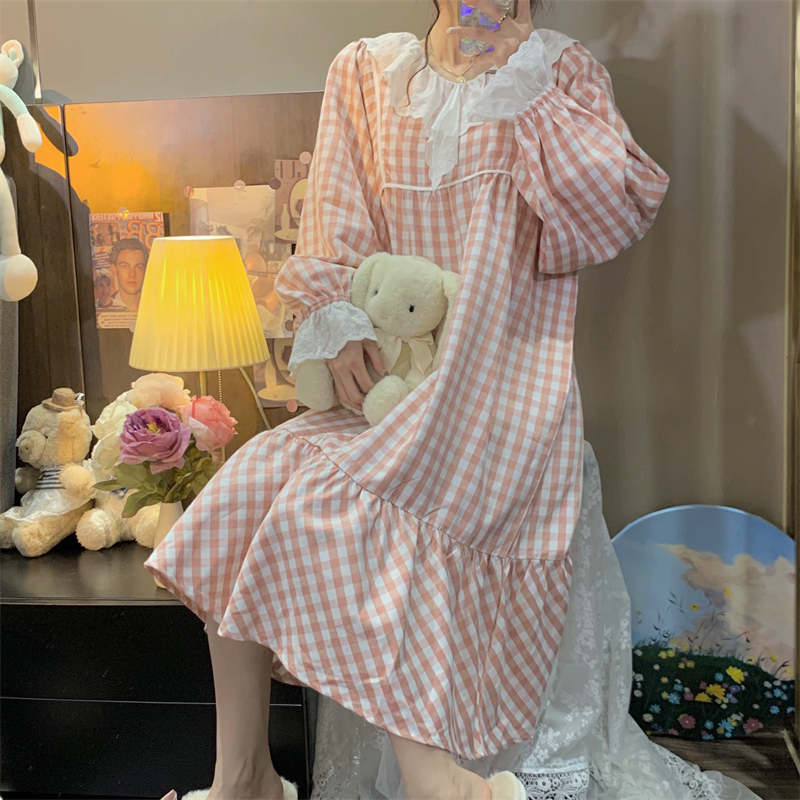 spring plaid nightgown women long sleeve ruffles night dress out wear cute lace casual princess nightshirt ladies homewear D048 alx