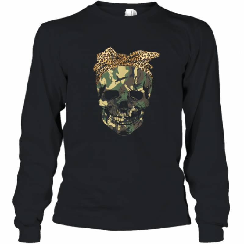 Camouflage Skull with Leopard Bandana Bow shirt Long Sleeve T-Shirt