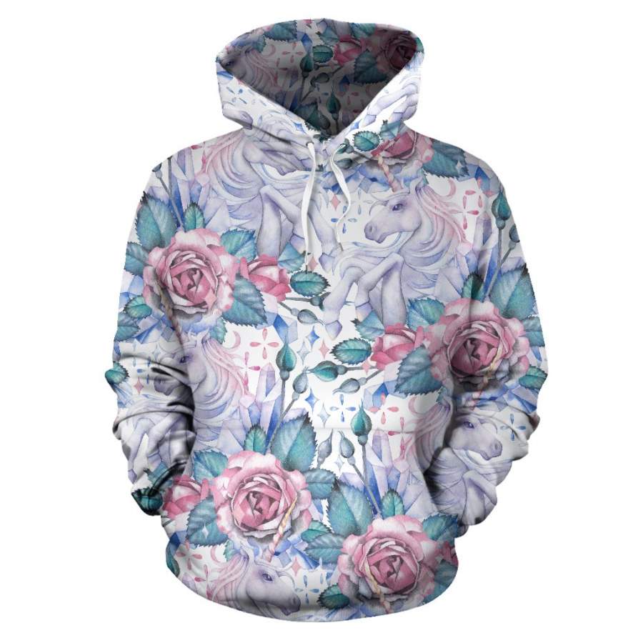 White Fairy Rose Unicorn Pattern Print Pullover Hoodie