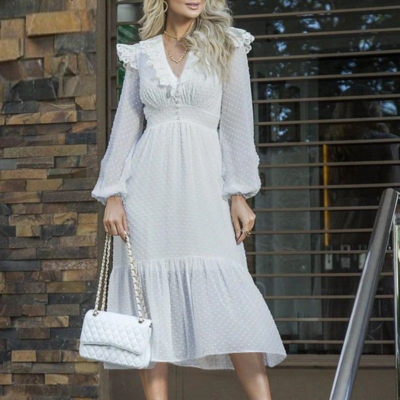 V-Neck Streetwear Solid Chiffon Splicing Lace Up Vintage Long Sleeve Straight Midi Dress