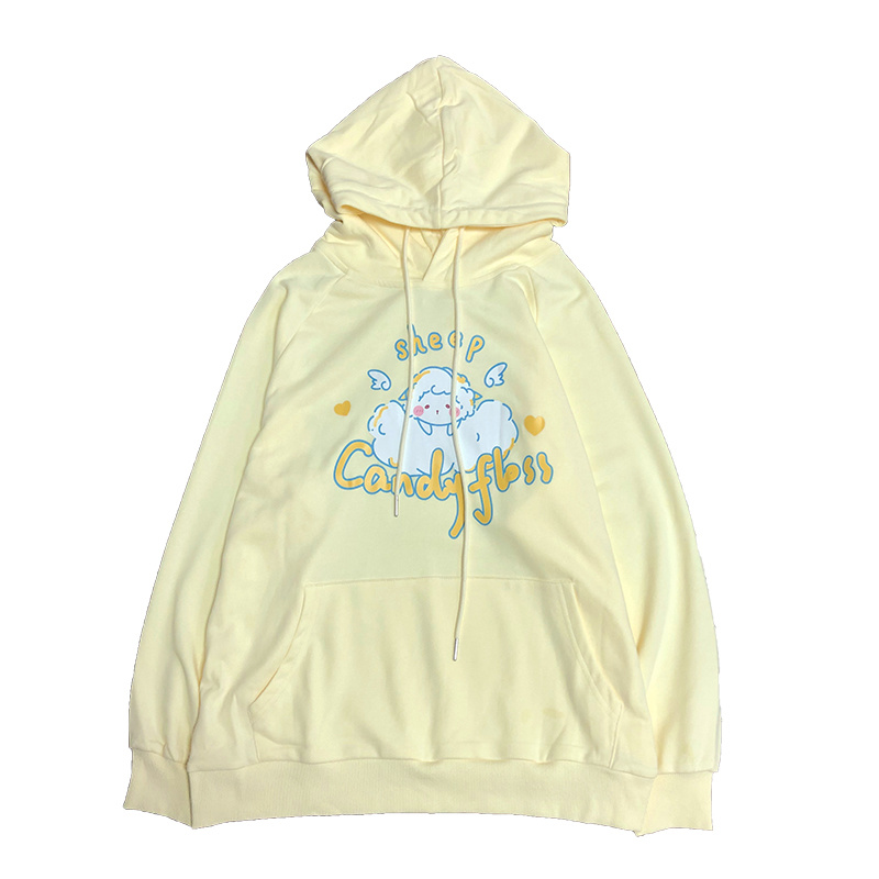 Spring Women Cute Cartoon Sheep Print Hoodies Harajuku Kawaii Hooded Sweatshirt Big Pocket Pullovers Teenager Girls Clothes alx