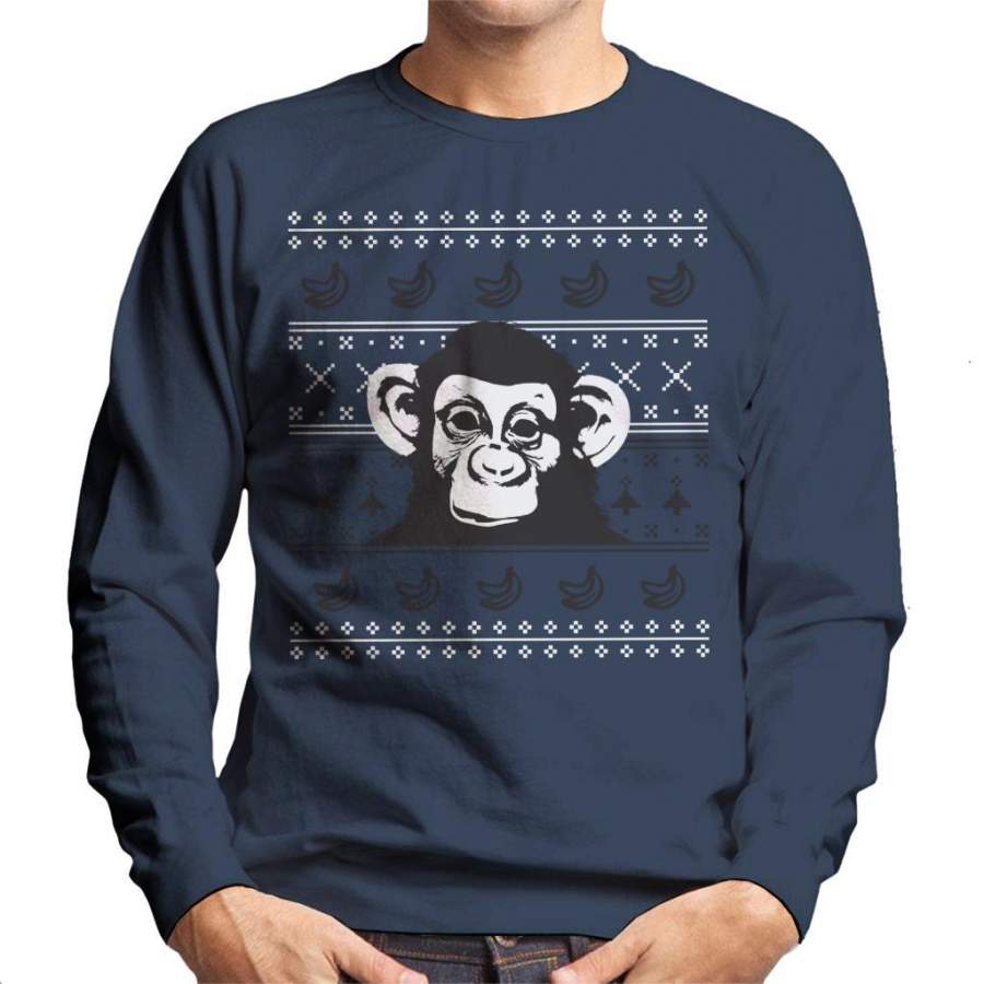 White Chimpanzee Monkey Banana Christmas Knit Men’s Sweatshirt