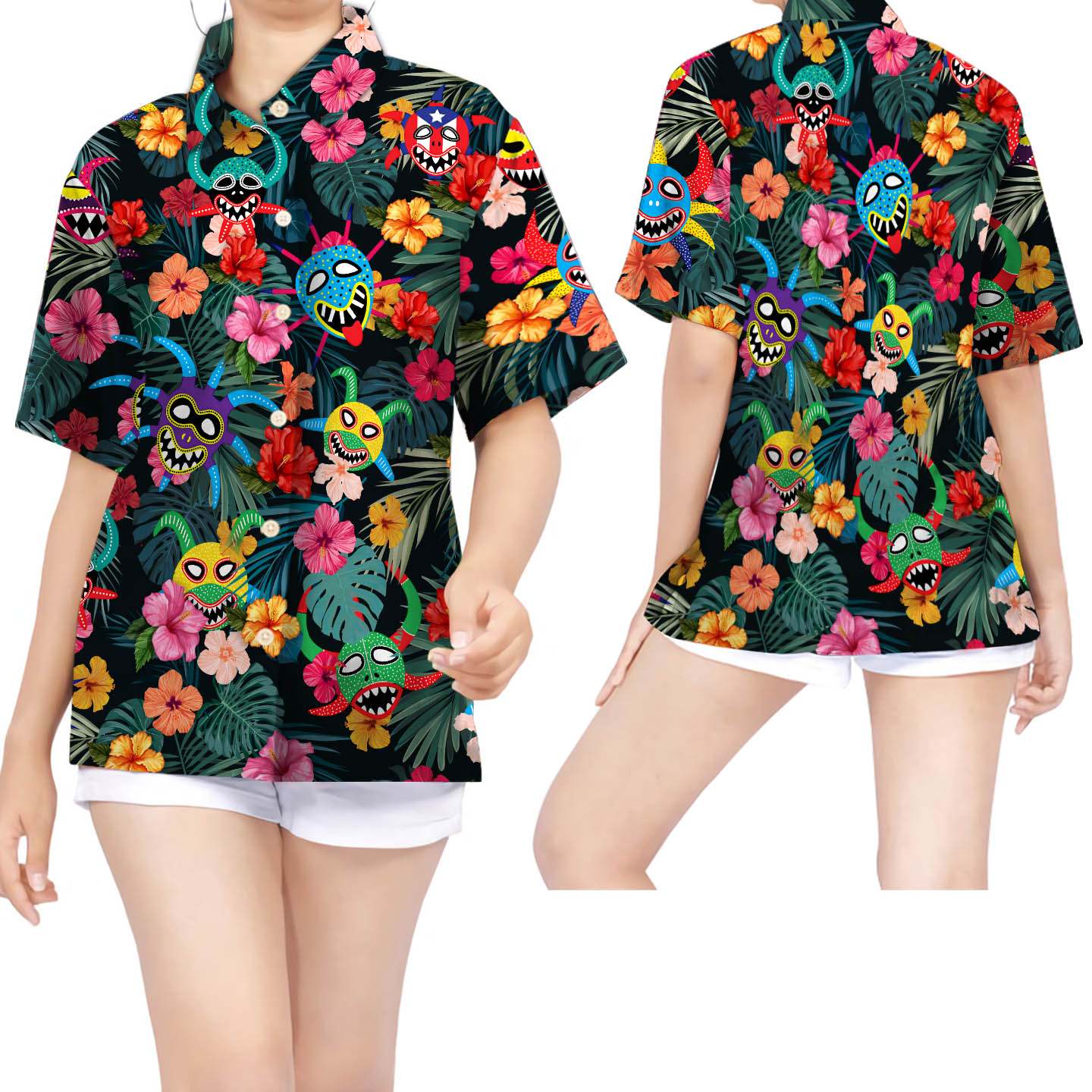 Puerto Rico Vejigantes Masks Tropical Flowers Women Hawaii Shirt Ha74125