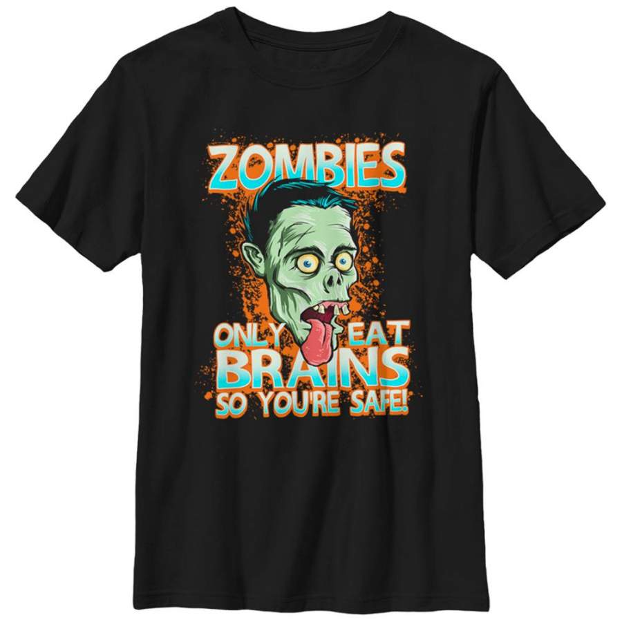 Lost Gods Boy’s Halloween Zombies Eat Brains Cartoon  T Shirt Black S