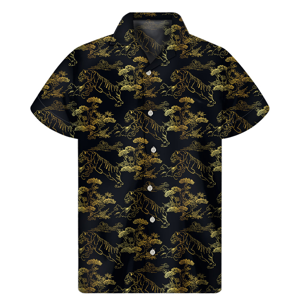 Black And Gold Japanese Tiger Print Men’S Short Sleeve Shirt