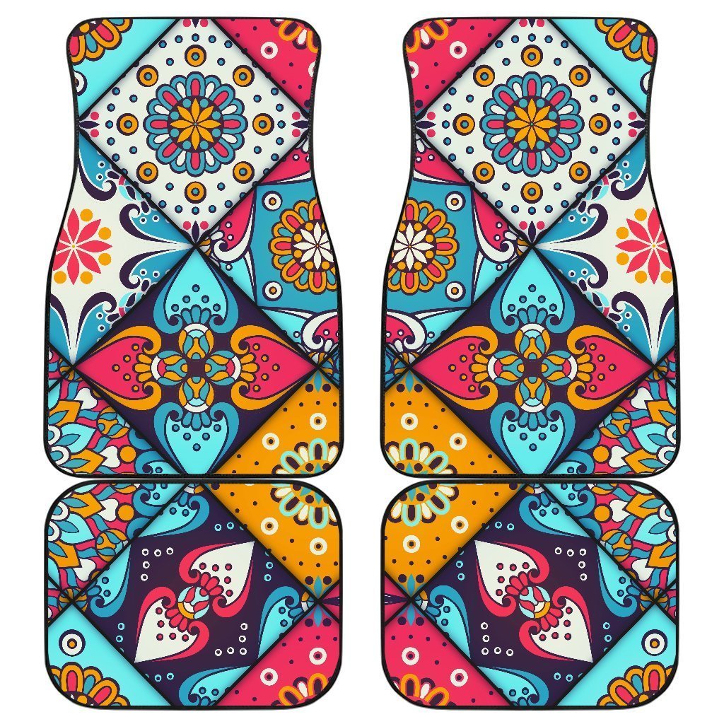 Bohemian Indian Mandala Patchwork Print Front And Back Car Floor Mats, Front Car Mat