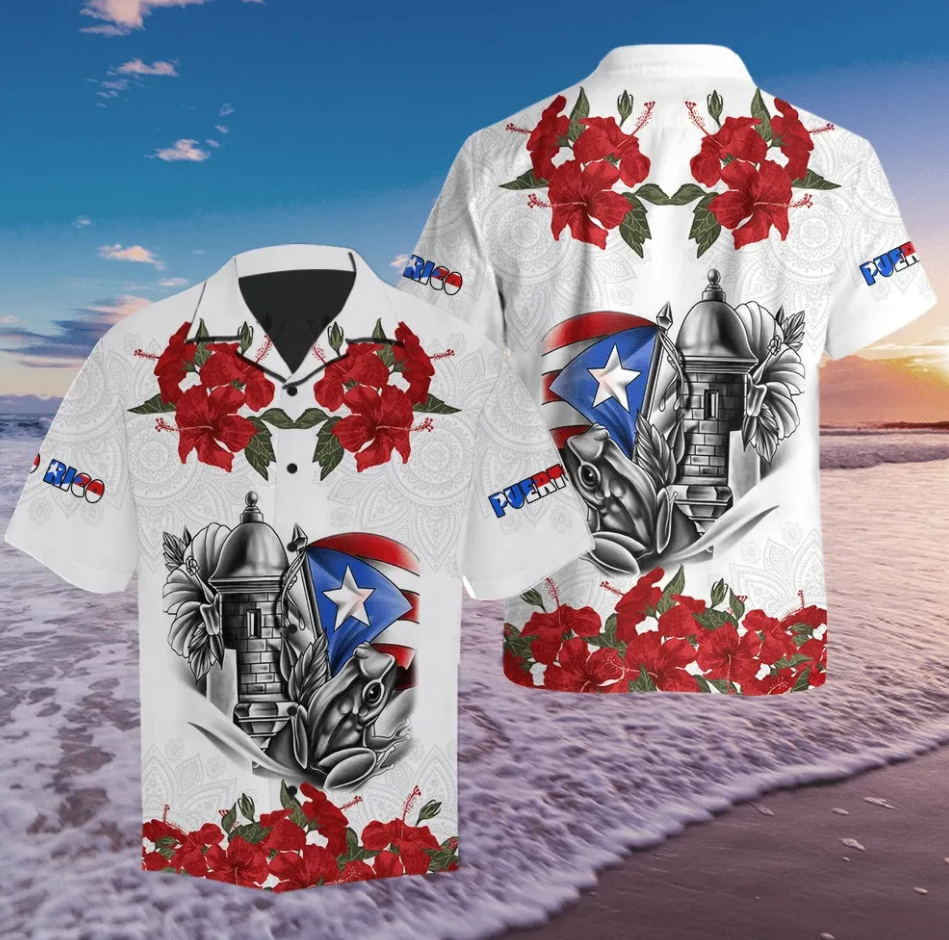 Beach Shirt Puerto Rico Manga Flower Hawaiian Shirts #L