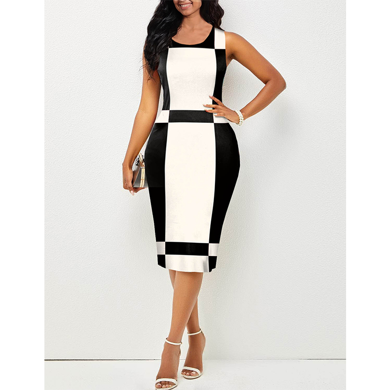 Summer Commute Black White Patchwork Bodycon Dresses For Women 2022 Halter Oversized Midi Vintage Party Tank Sleeveless Dress alx