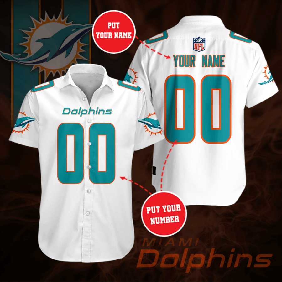 Personalized Miami Dolphins All Over Print 3D Short Sleeve Dress Shirt Hawaiian Summer Aloha Beach Shirt – White-Tph