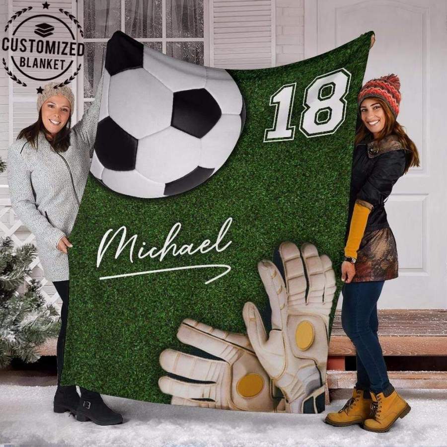 Amazing Green Soccer Glove And Ball On Field Customized Blanket With Name