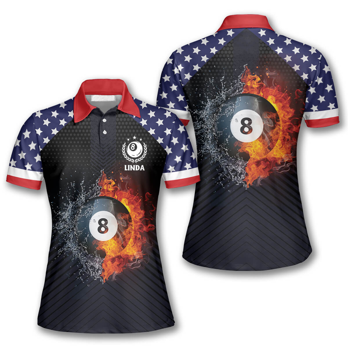 Billiards Fire Flame American Flag Custom Billiard Shirts For Women, Us Flag Pattern Polo Shirt