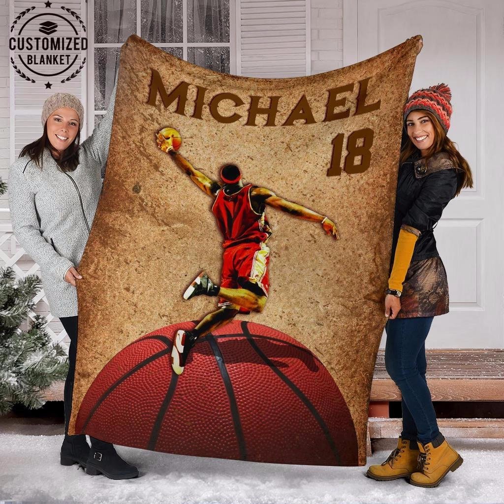 Basketball – Vintage Player – Personalized Name Fleece Blanket Custom Text Print 3D, Unisex, Kid, Adult