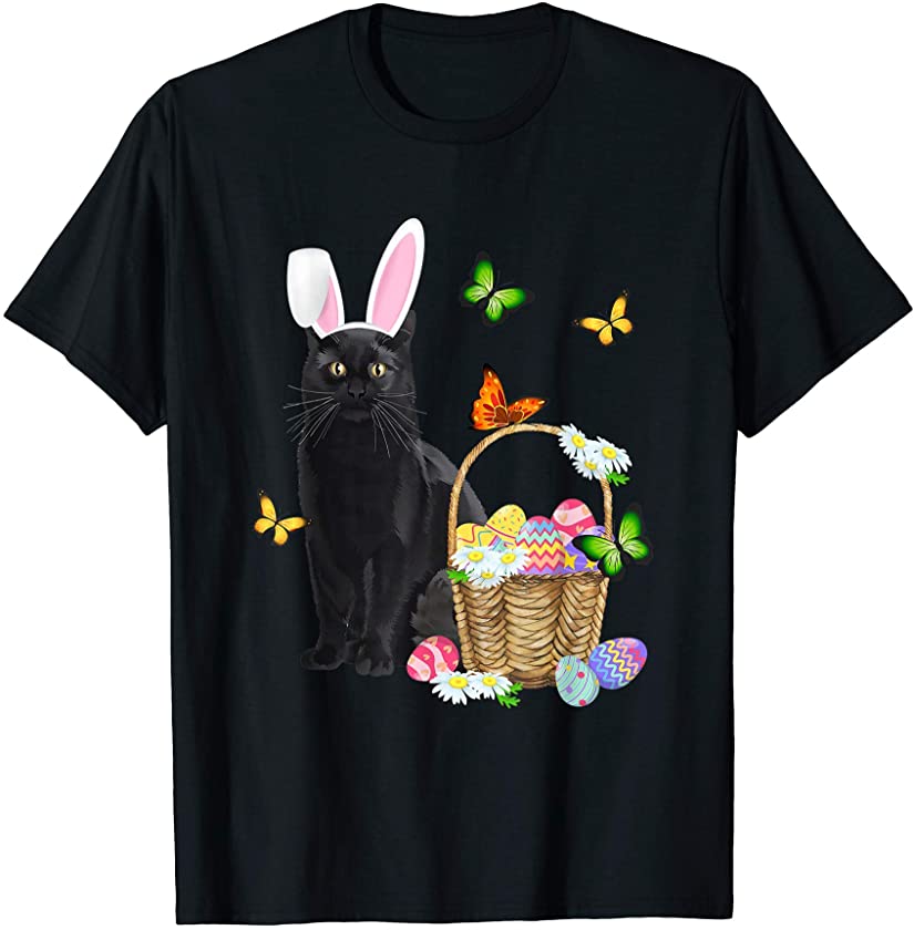 Black Cat Bunny Hat Rabbit Easter Eggs Basket Egg Hunting T-Shirt