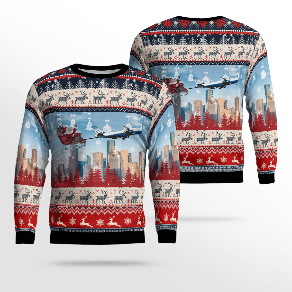 Us Airlines 4 Boeing 747-422 With Santa Over Houston Ugly Christmas Sweater, All Over Print Sweatshirt