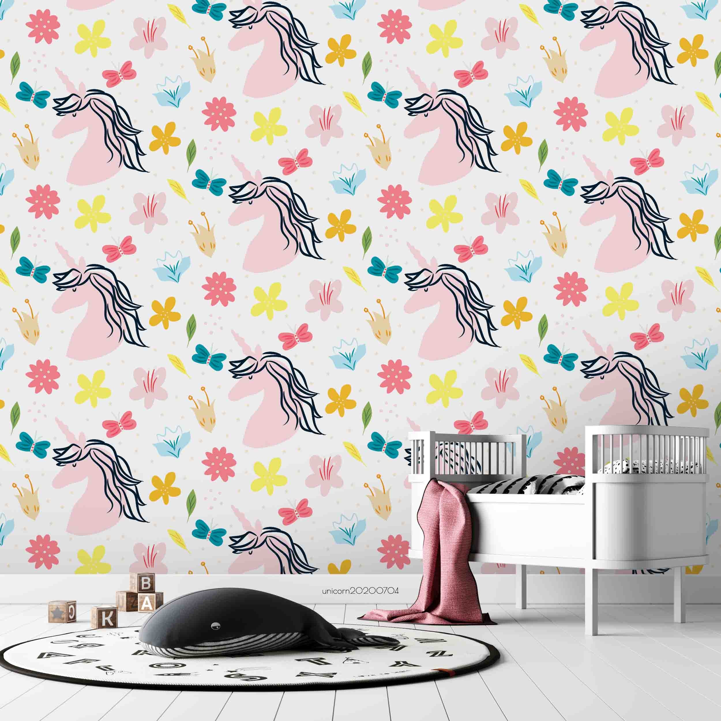 3D Cartoon Floral Pink Unicorn Wall Mural Wallpaper Lxl 251