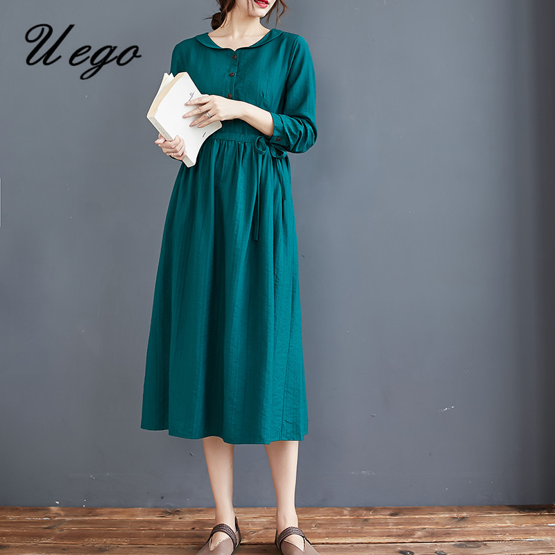 2022 New Arrival Peter Pan Collar Fashion Autumn Dress Vintage Office Lady Work Dress Women Casual Spring Midi Dress alx